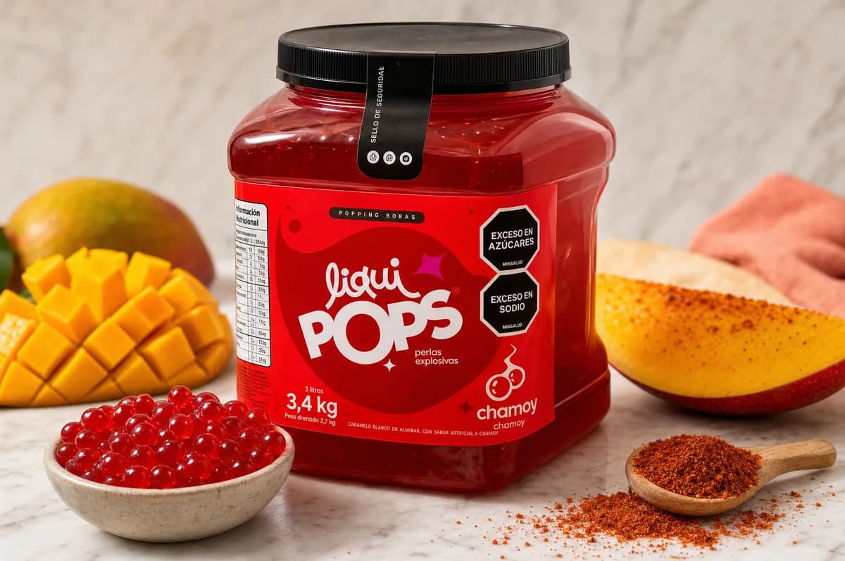 Tarro de perlas explosivas LiquiPops sabor chamoy de 3,4 kg con perlas rojas en tazon, mango con chile y chile en polvo — popping boba para preparaciones mexicanas
