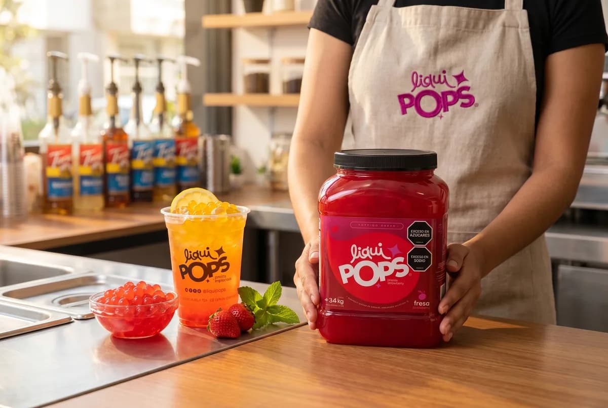 Tarro de perlas explosivas LiquiPops sabor fresa junto a una soda naranja con perlas y bowl de perlas rojas en barra de cafetería — contexto de negocio