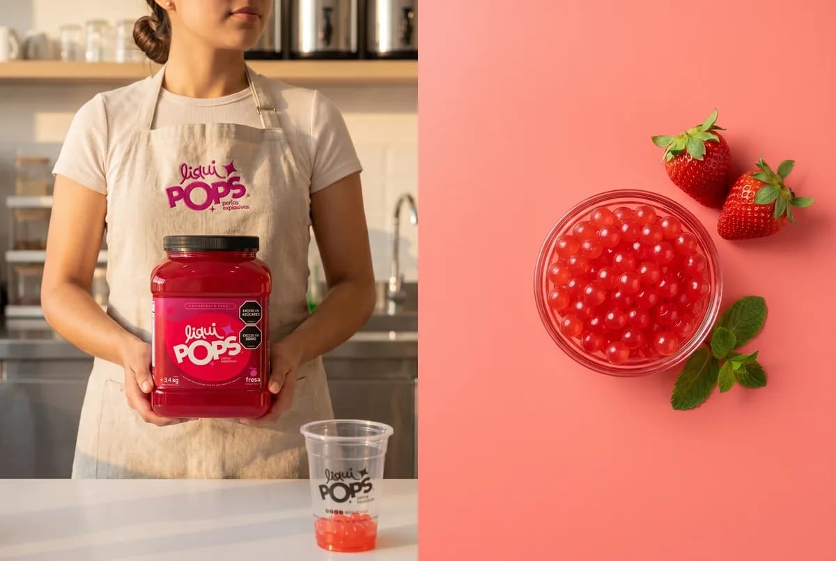 Vendedora con delantal LiquiPops sostiene un tarro de perlas explosivas sabor fresa junto a bowl de perlas y fresas frescas — composición dividida sobre coral