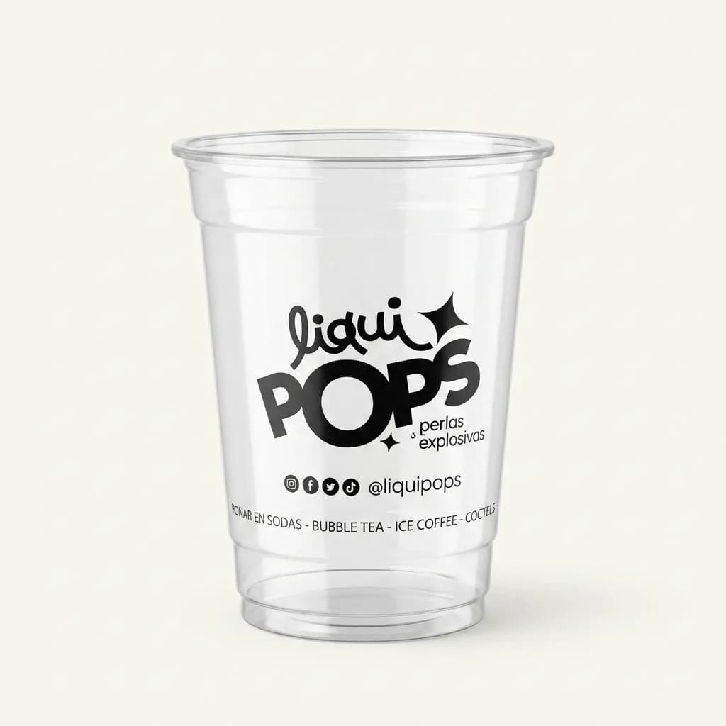 Vaso transparente LiquiPops de 16 oz con logo de perlas explosivas LiquiPops — para sodas, bubble tea, ice coffee y cocteles