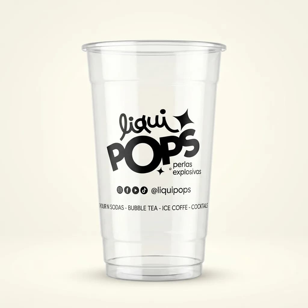 Vaso transparente LiquiPops de 22 oz con logo de perlas explosivas LiquiPops — para sodas, bubble tea, ice coffee y cocteles