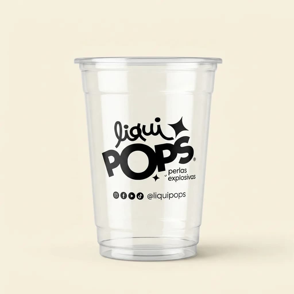 Vaso plastico transparente LiquiPops con logo de perlas explosivas LiquiPops — listo para servir bebidas con popping boba