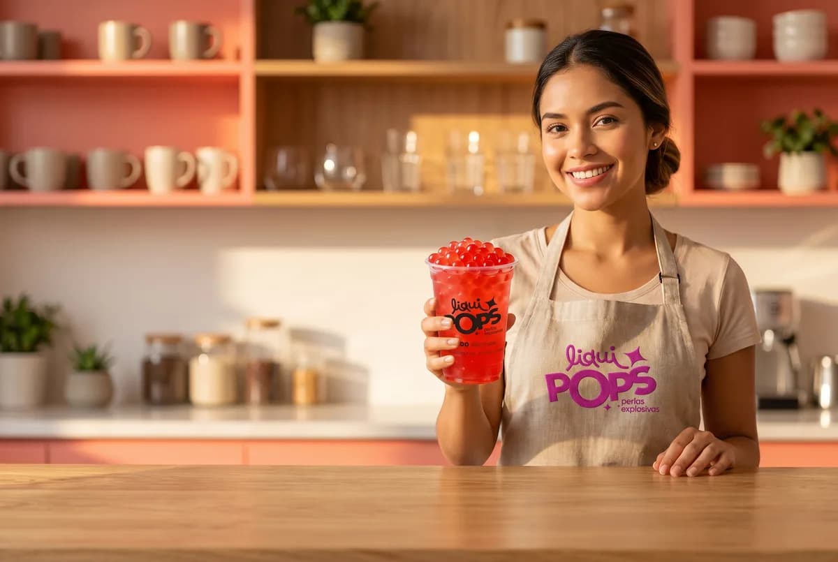 Emprendedora con delantal LiquiPops sostiene un vaso lleno de perlas explosivas sabor fresa en cocina de tonos coral — ambiente cercano