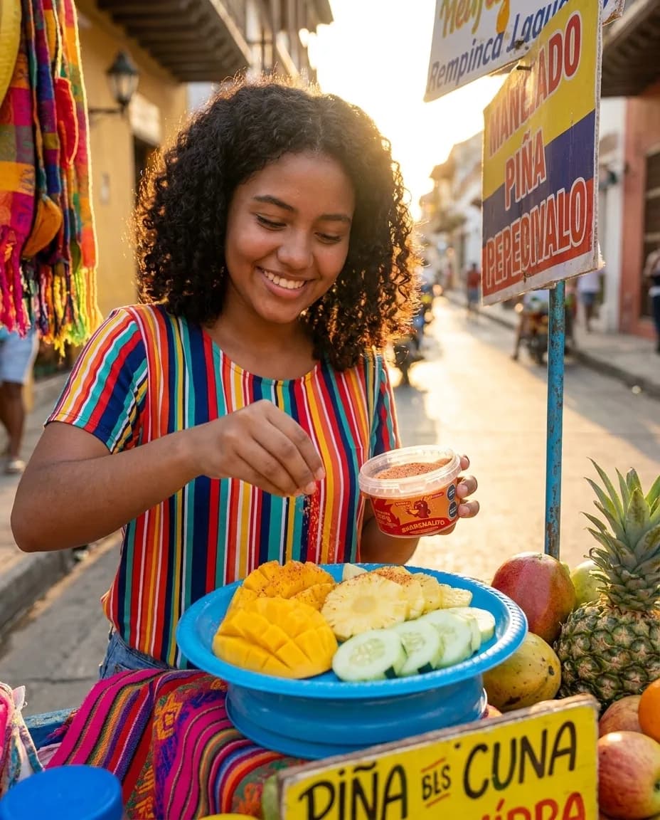 Vendedora preparando un cholado con perlas explosivas LiquiPops en puesto callejero con fruta fresca