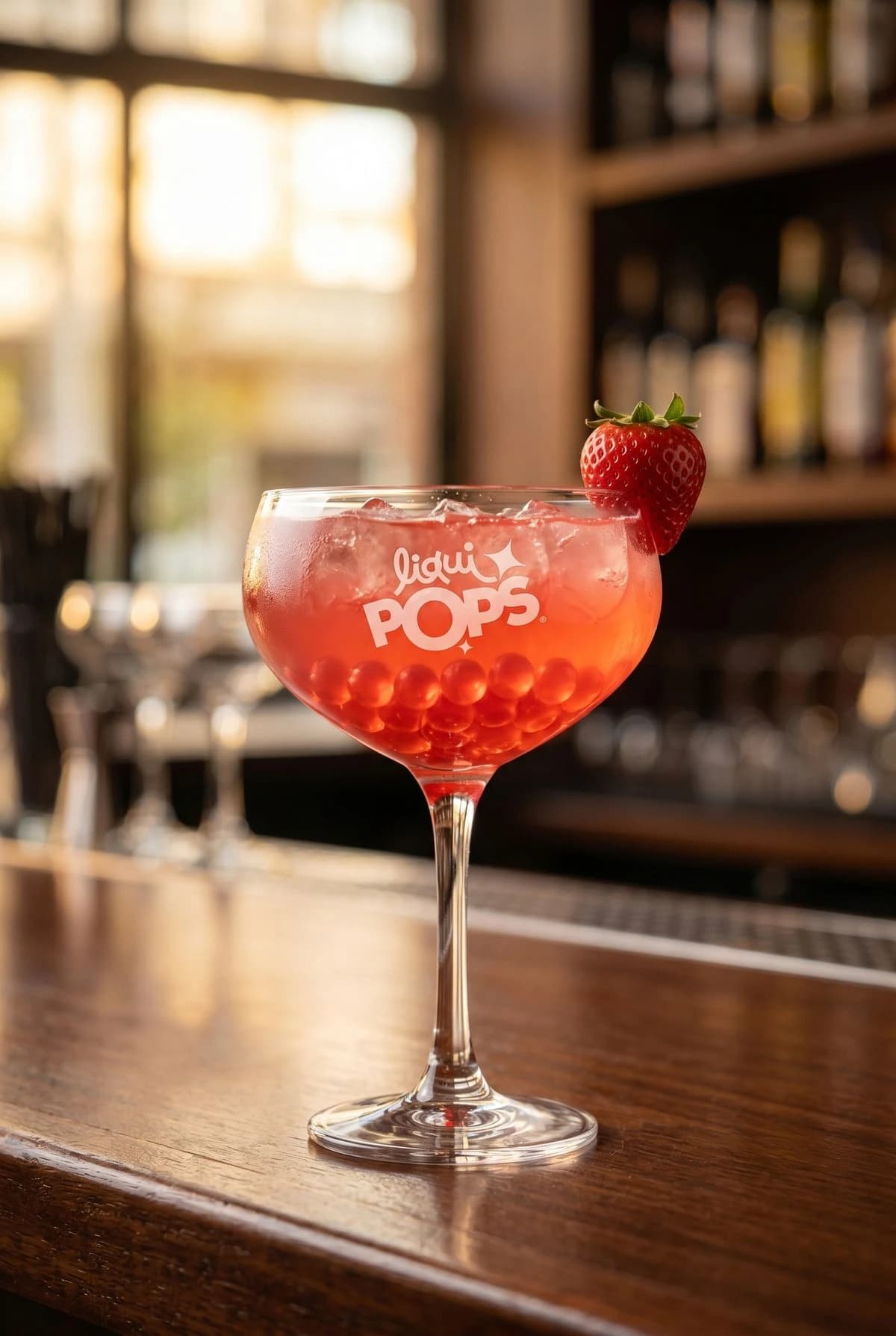 Cóctel daiquiri de fresa con perlas explosivas LiquiPops rojas y fresa — copa coupe en barra de bar