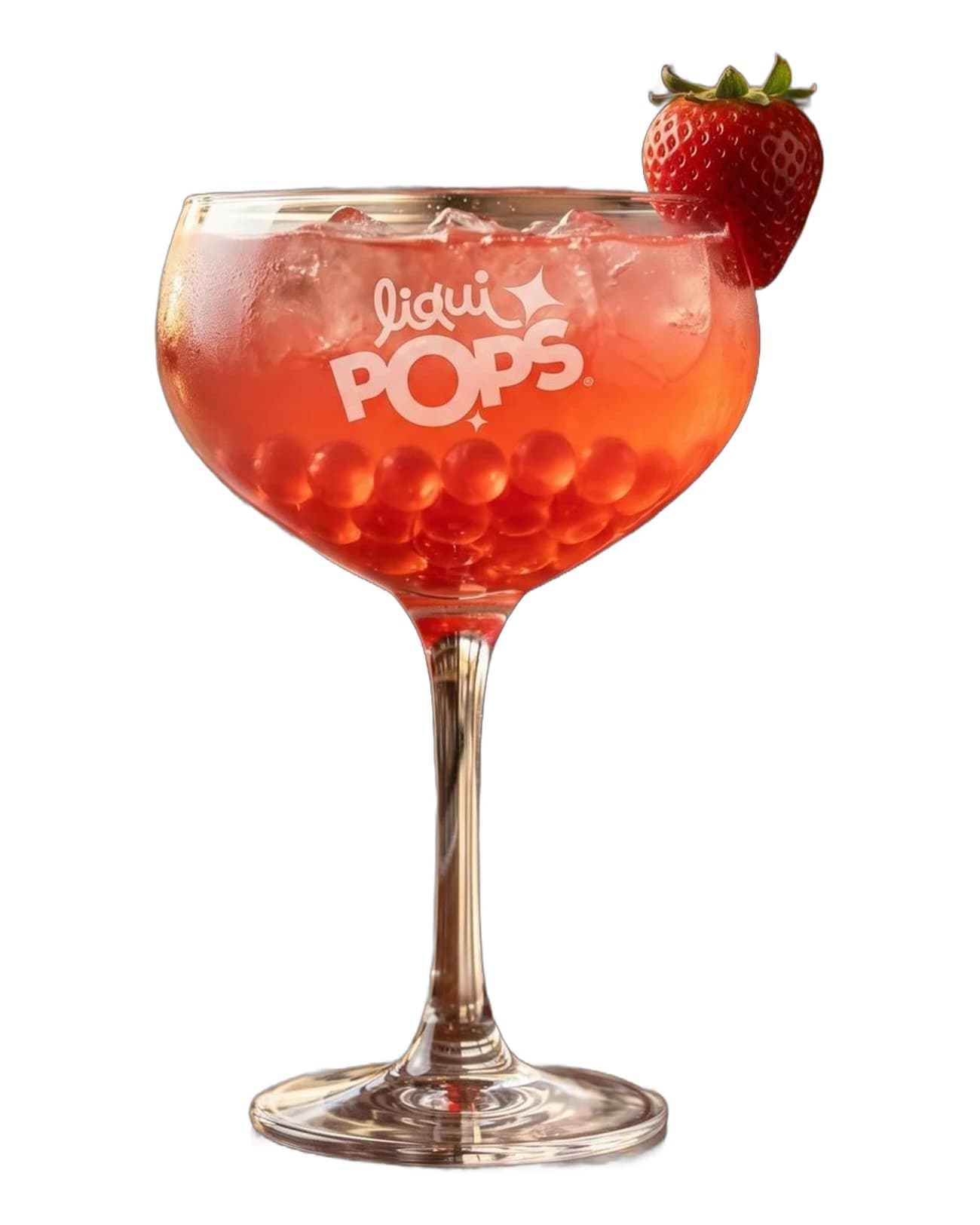 Cóctel daiquiri de fresa con perlas explosivas LiquiPops rojas y fresa fresca — copa coupe sobre fondo blanco
