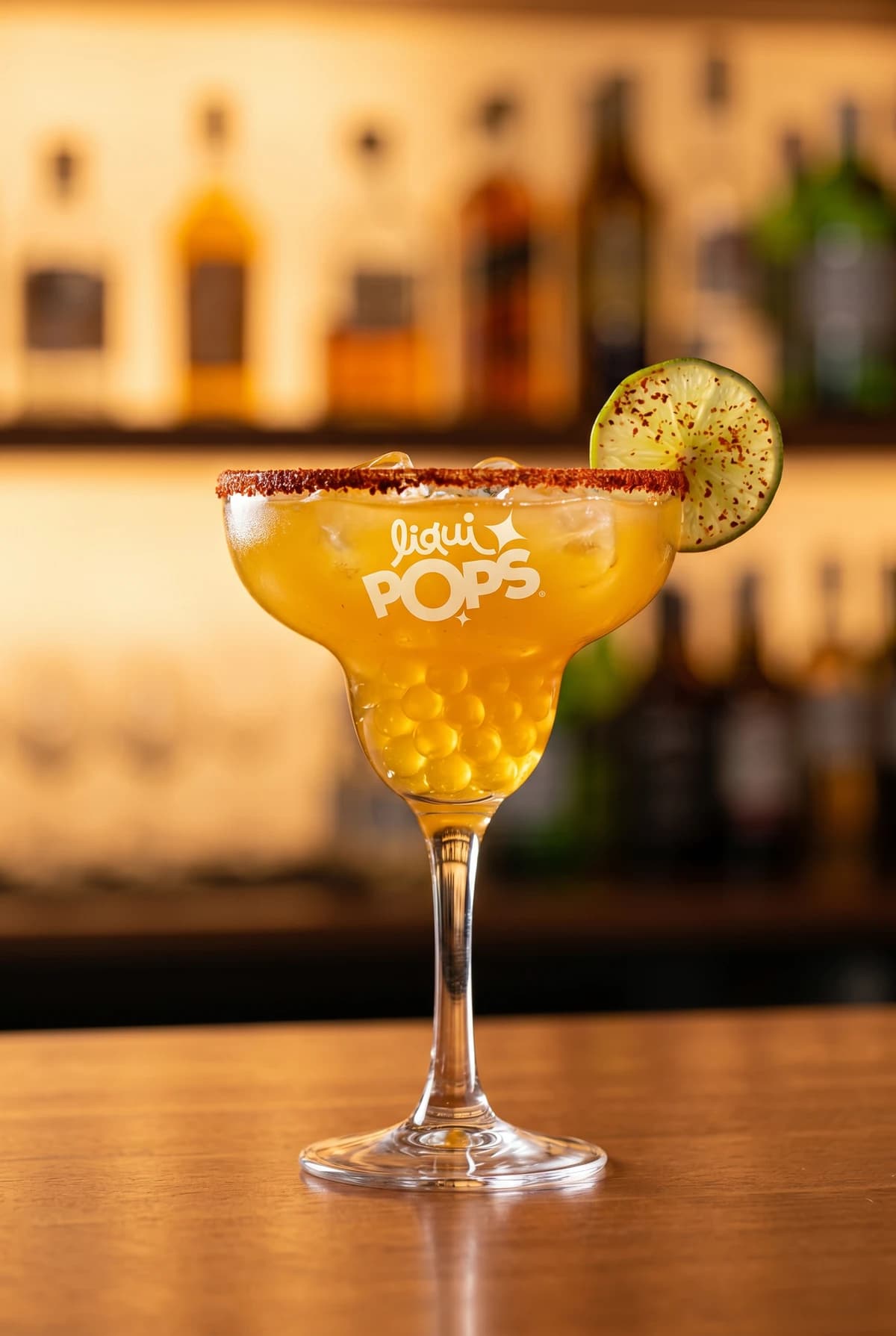 Cóctel margarita de mango con perlas explosivas LiquiPops amarillas, borde con chile y limón — copa margarita en barra de bar