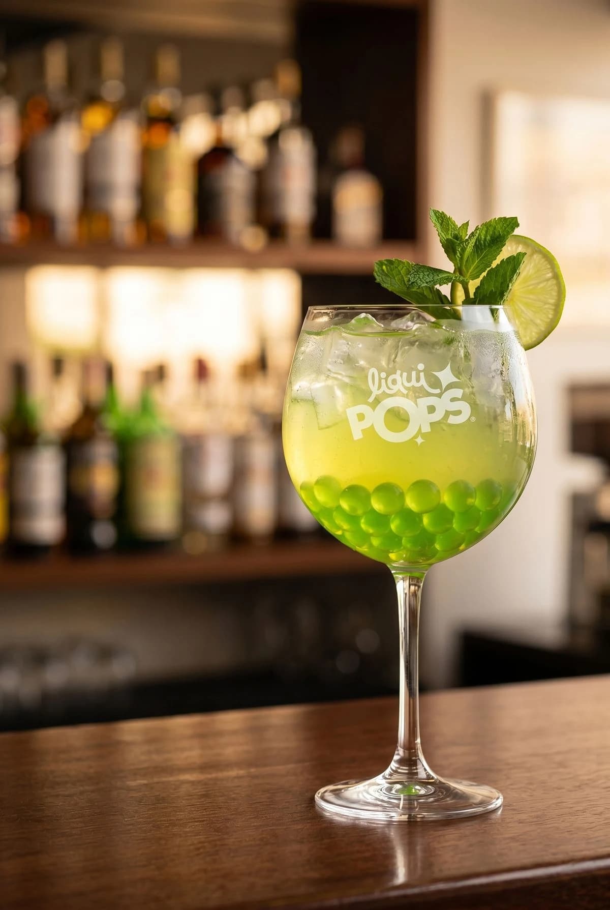 Mocktail cítrico de limón con menta y perlas explosivas LiquiPops verdes — copa balón en barra de bar