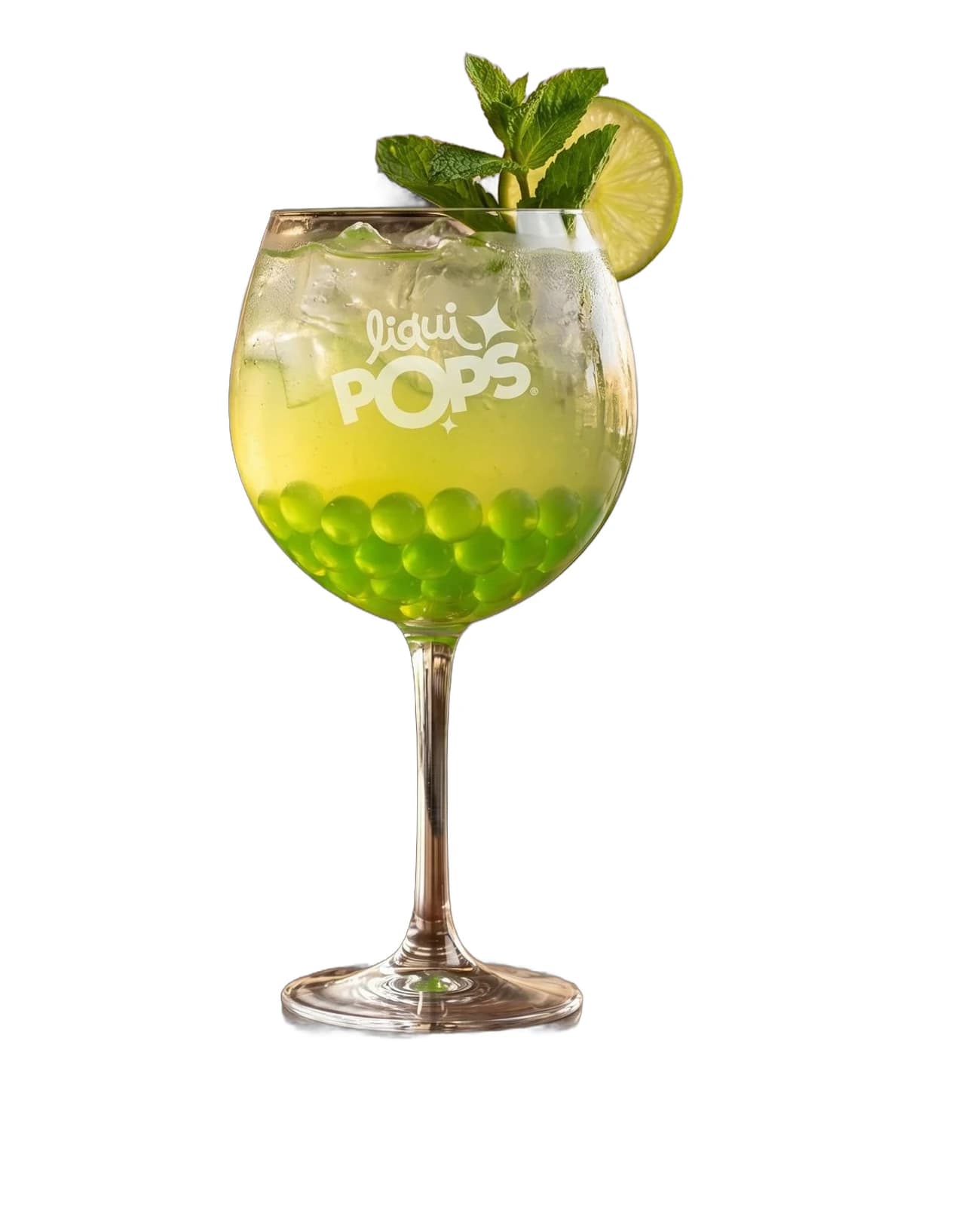 Mocktail cítrico de limón con menta y perlas explosivas LiquiPops verdes — copa balón sobre fondo blanco