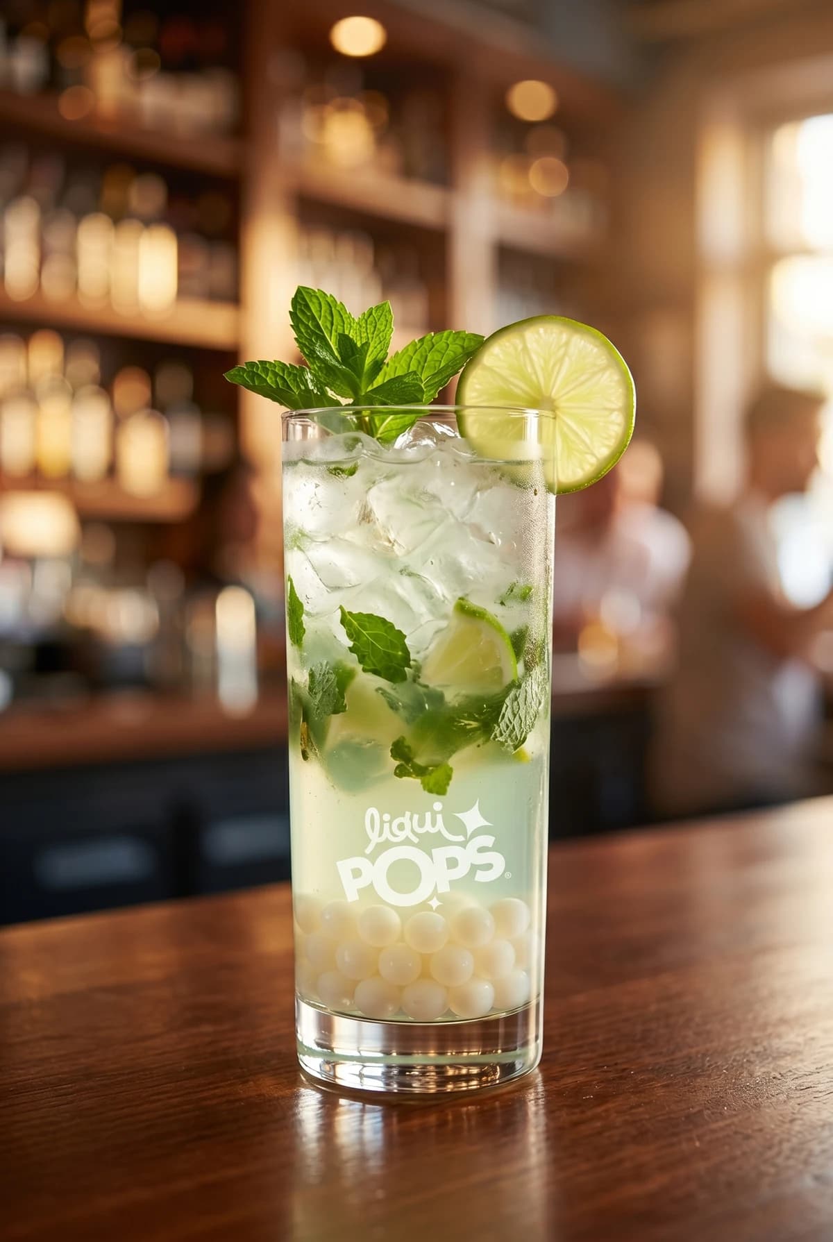 Cóctel mojito de coco con menta, limón y perlas explosivas LiquiPops blancas — vaso alto en barra de bar