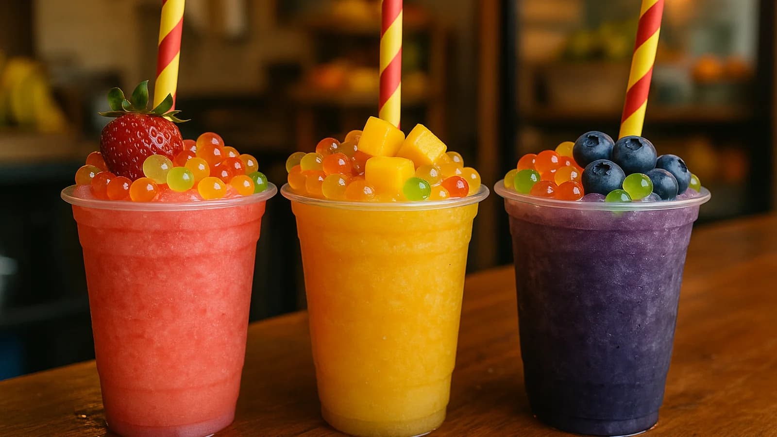 Tres granizados colombianos en vasos plásticos — fresa rosa, mango amarillo, blueberry violeta — con perlas explosivas multicolor y fruta fresca como topping en frutería de Medellín