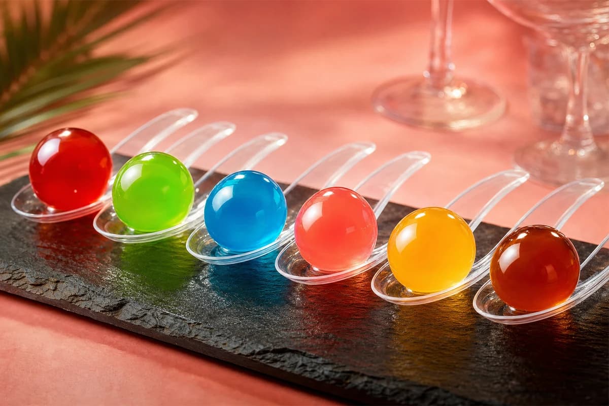 Perlas explosivas Shotbom tamaño jumbo en vaso de coctelería premium — perlas grandes brillantes color fresa rojo intenso sobre soda dorada con hielo