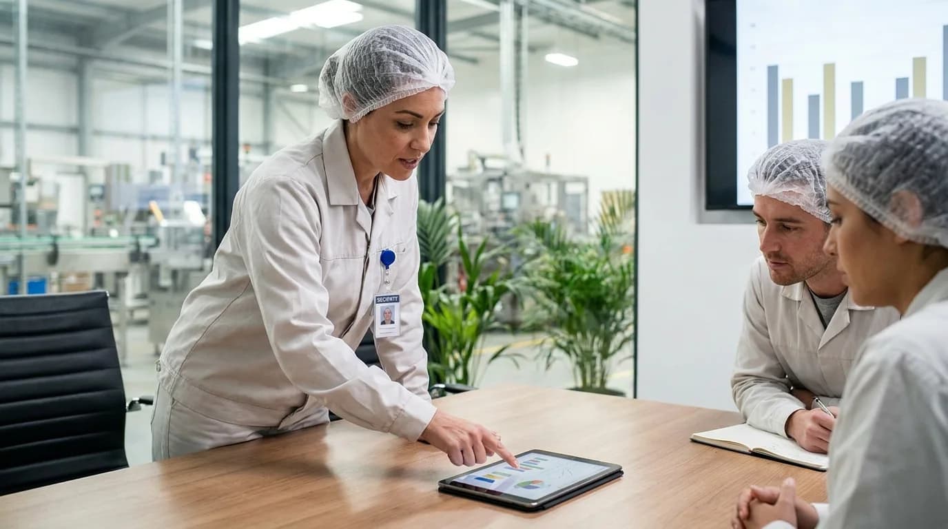 Equipo de producción de perlas explosivas LiquiPops revisando métricas en la fábrica en Colombia