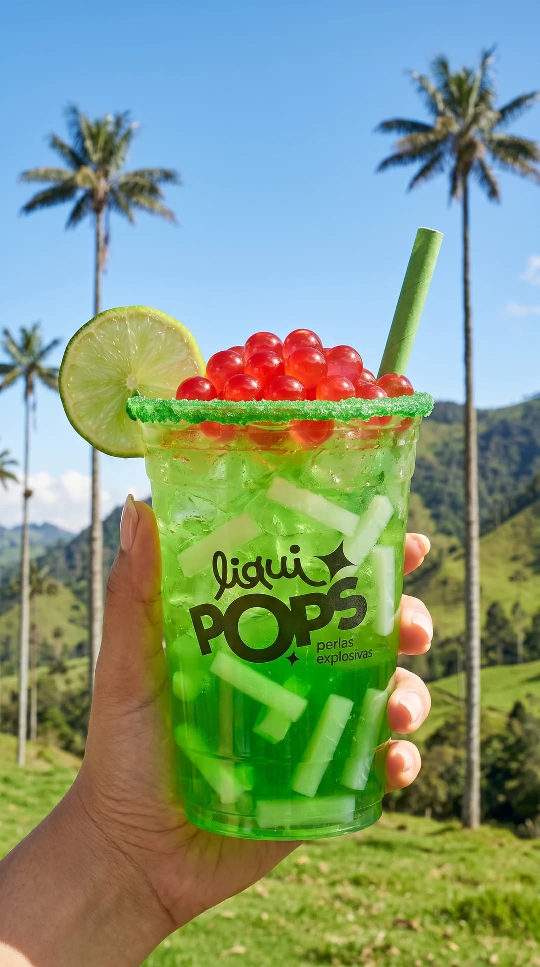 Michelada de frutos verdes con perlas explosivas con perlas explosivas LiquiPops — 1 vaso de 22 oz (también 16 oz)