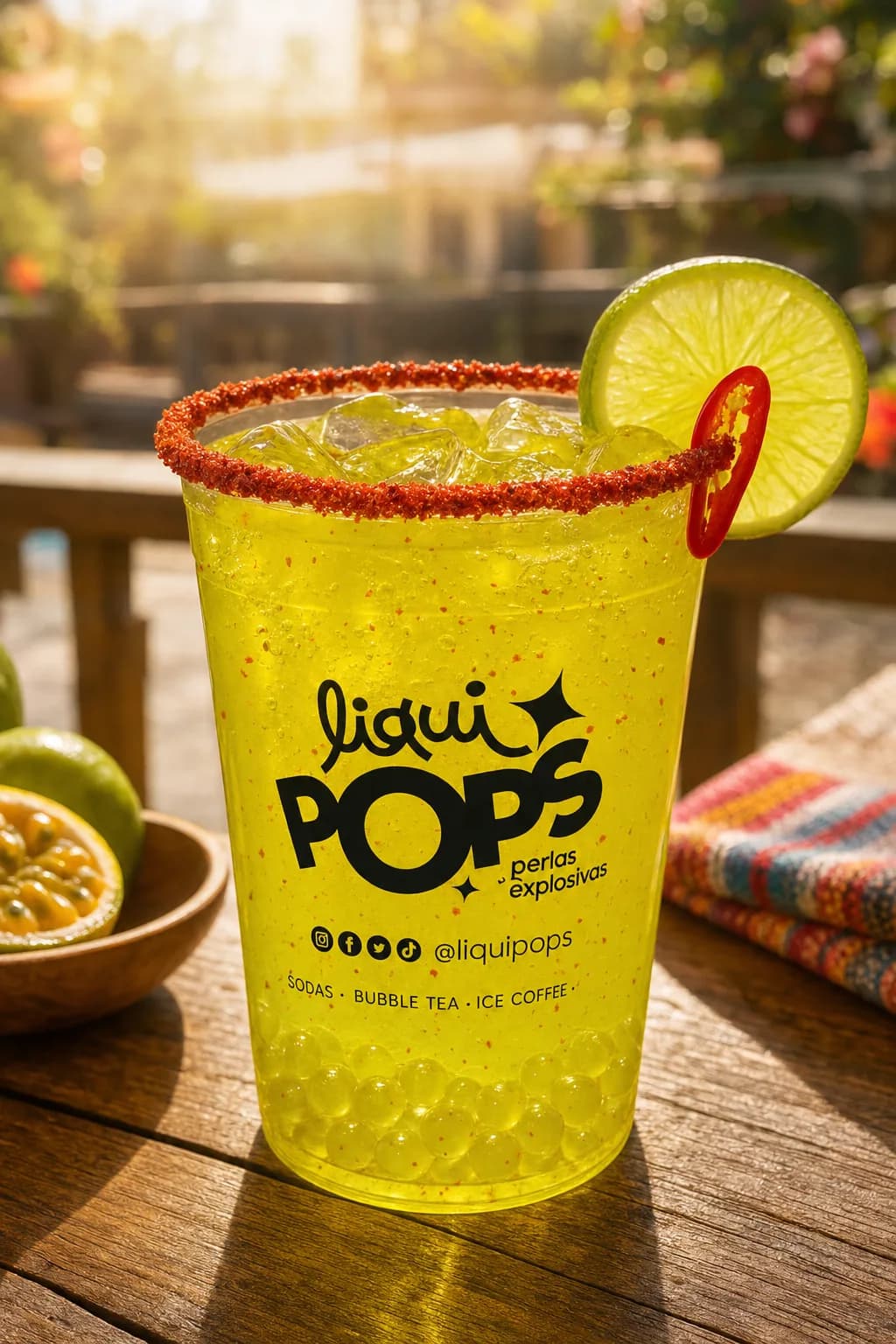 Soda michelada con perlas explosivas Maracululo Picante y borde escarchado de chamoy