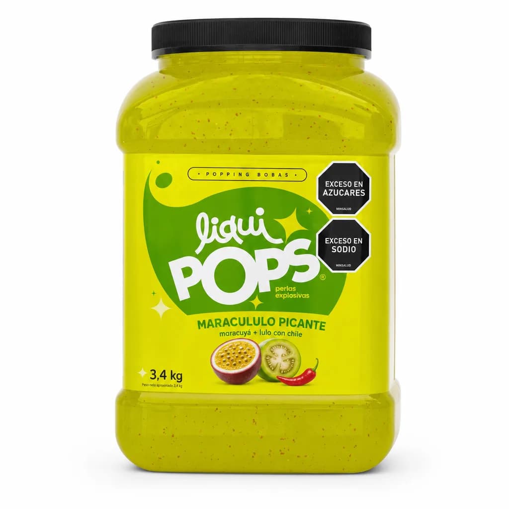 Tarro de perlas explosivas LiquiPops sabor Maracululo Picante: maracuyá y lulo con trocitos de chile
