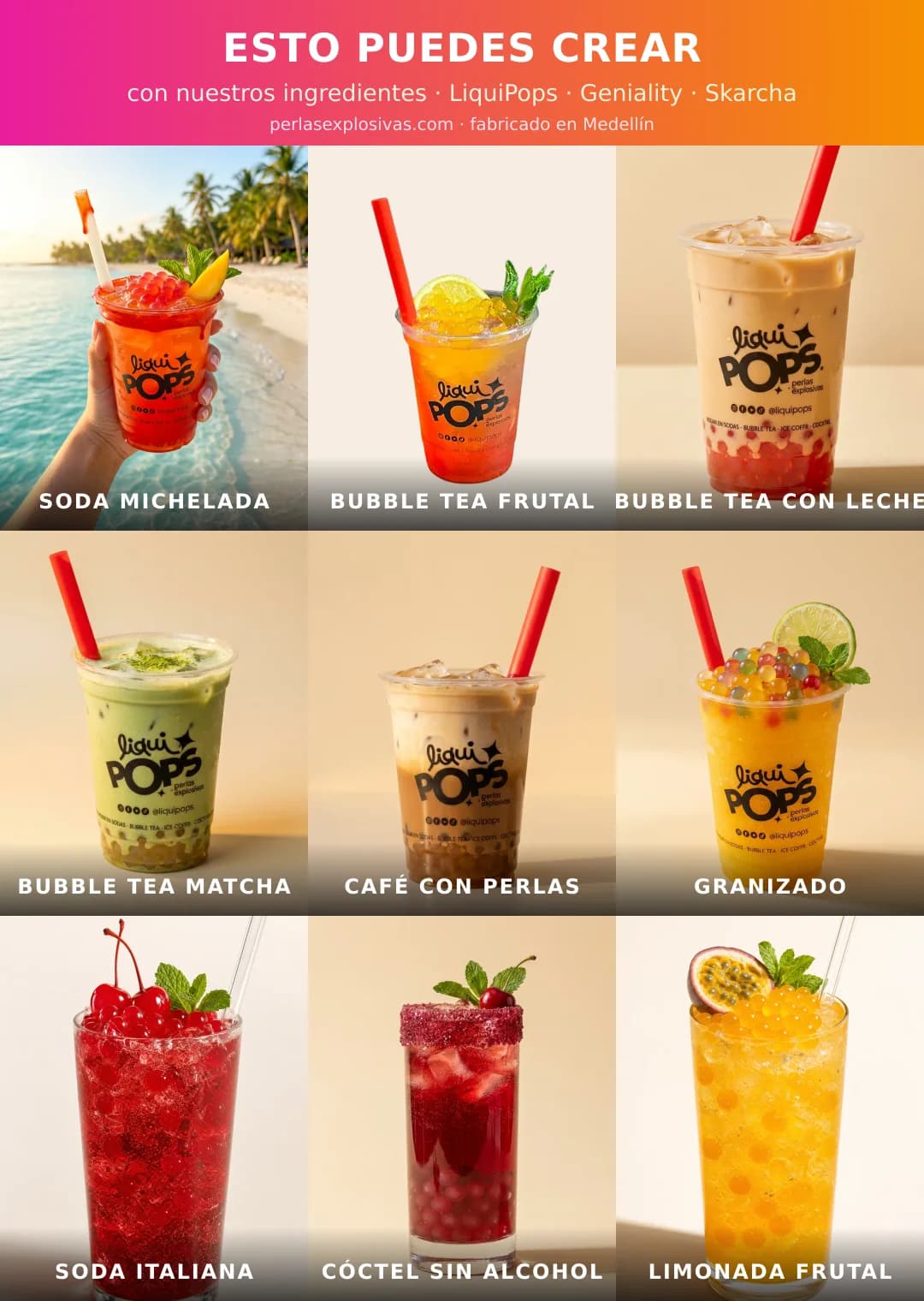 Mosaico de ideas con perlas explosivas LiquiPops: soda michelada, bubble tea, café, granizado, soda italiana, cóctel sin alcohol y limonada frutal