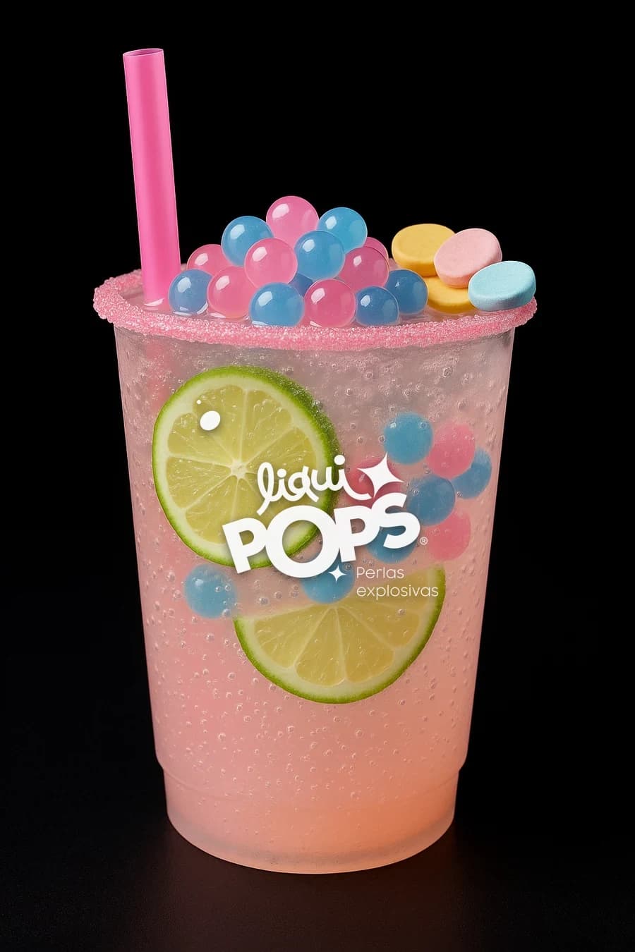 Soda de chicle con perlas explosivas LiquiPops azules y rosadas, rodajas de limón y borde escarchado en vaso para llevar