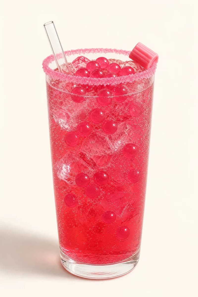 Soda rosada de chicle con perlas explosivas LiquiPops y borde escarchado rosa en vaso alto con hielo
