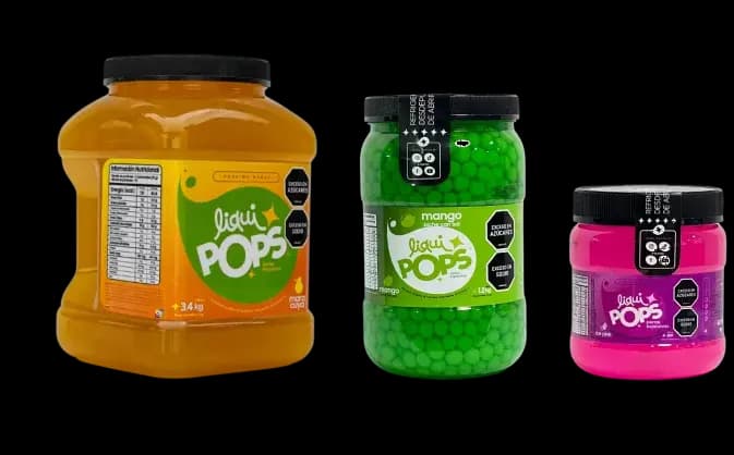 Tres presentaciones LiquiPops — 3.4 kg, 1.15 kg y 350 g