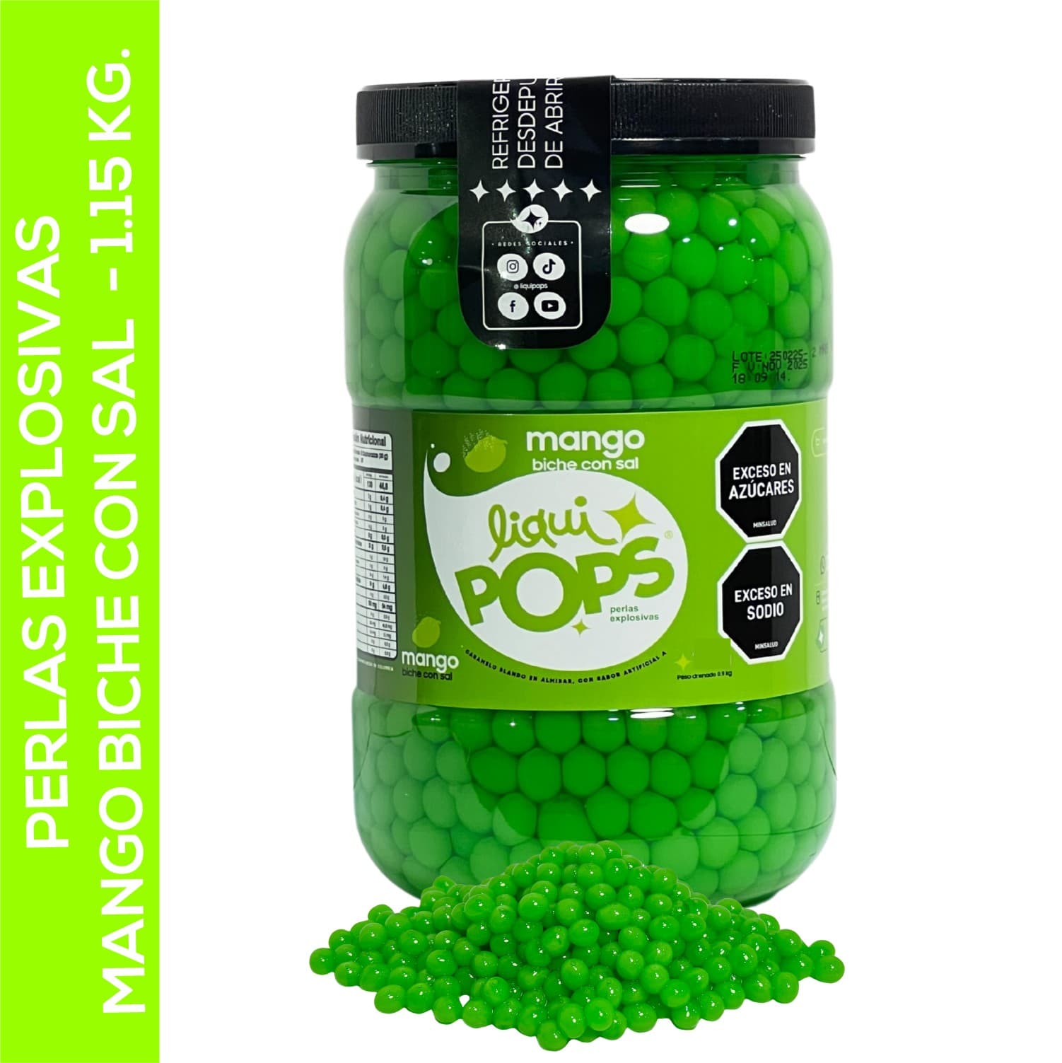 Tarro de perlas explosivas LiquiPops de perlas explosivas liquipops sabor a mango biche con sal x 1150 gr LiquiPops