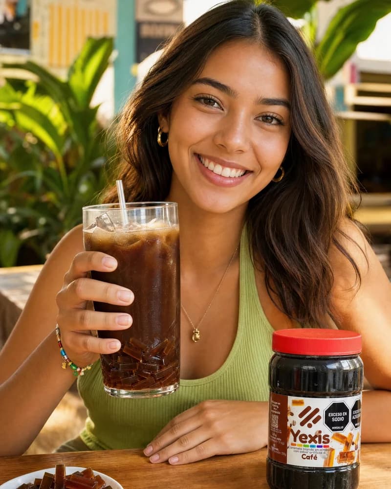 Mujer disfrutando un café frío con jellys Yexis sabor café junto al tarro del producto — café al aire libre
