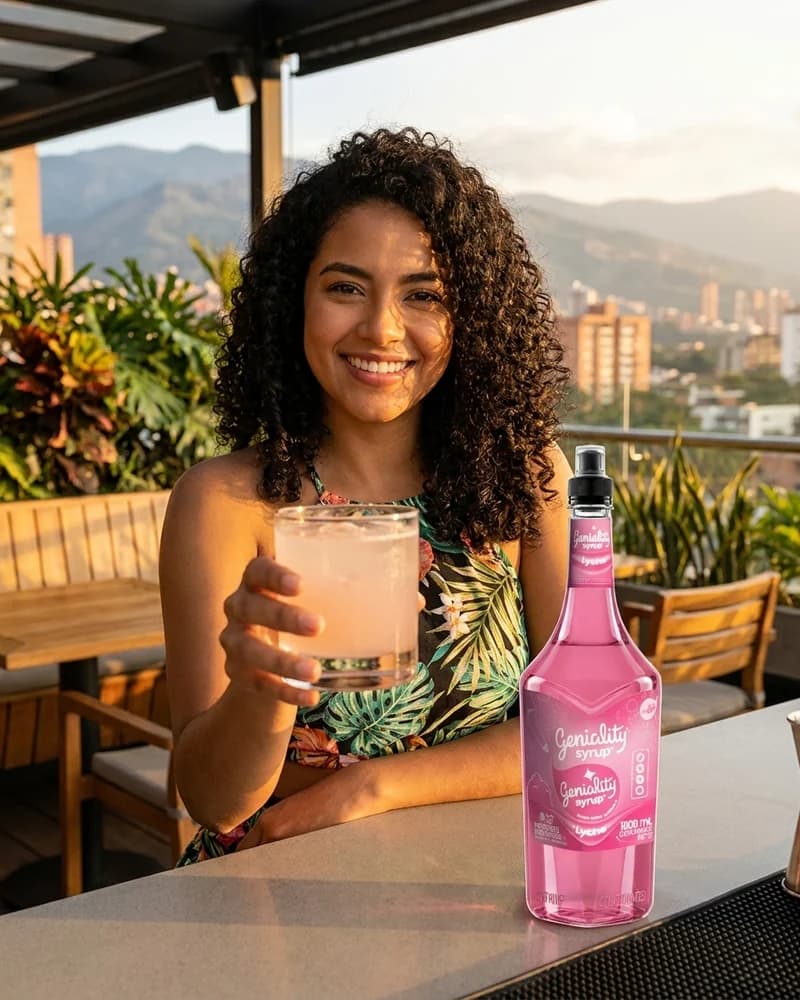 Chica con vaso de bebida lychee rosada junto al sirope Geniality lychee y perlas explosivas LiquiPops en terraza