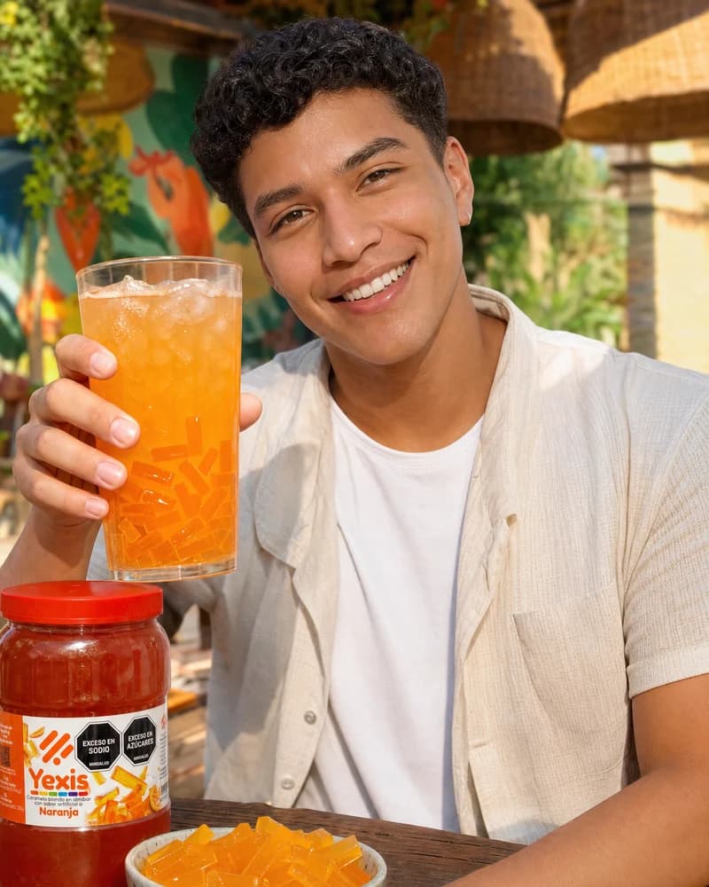 Hombre disfrutando una bebida naranja con jellys Yexis junto al tarro del producto — patio colorido