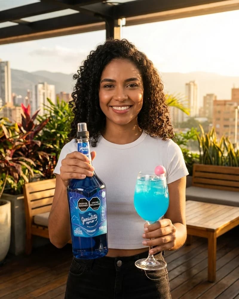 Chica sonriente sostiene sirope Geniality azul y una copa de coctel azul con perlas explosivas LiquiPops en terraza al atardecer