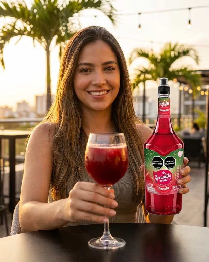 Chica disfrutando una bebida roja de sandia con sirope Geniality y perlas explosivas LiquiPops en una terraza al atardecer