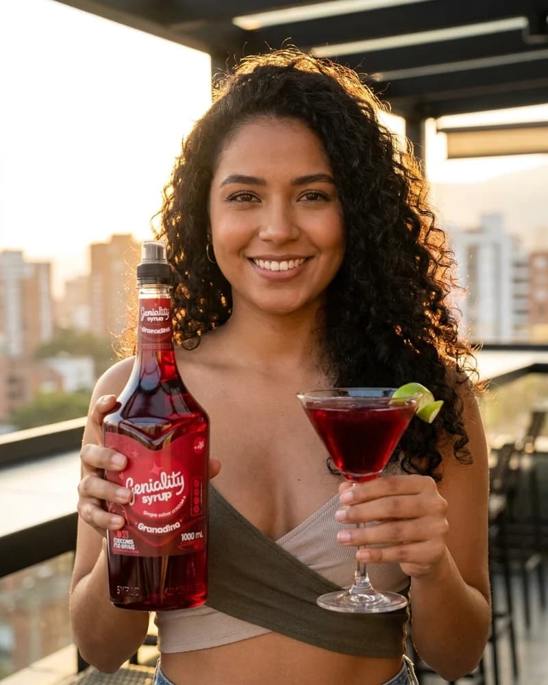Chica sostiene sirope Geniality granadina y copa martini de coctel rojo con perlas explosivas LiquiPops al atardecer