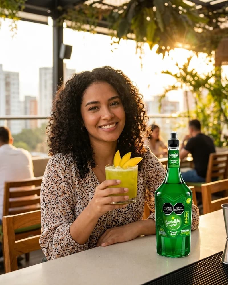 Chica con vaso de coctel de mango biche verde y sirope Geniality mango biche con perlas explosivas LiquiPops al atardecer