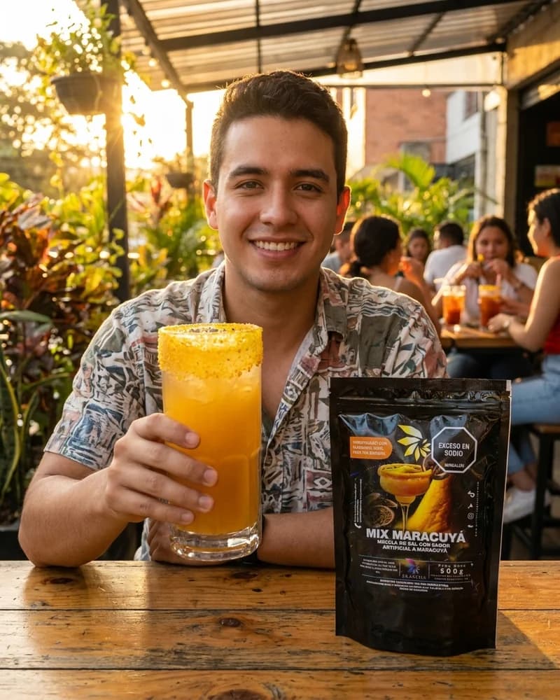 Hombre en patio al atardecer con vaso de maracuya escarchado en sal Skarcha y perlas explosivas LiquiPops junto al empaque mix maracuya by LiquiPOPS