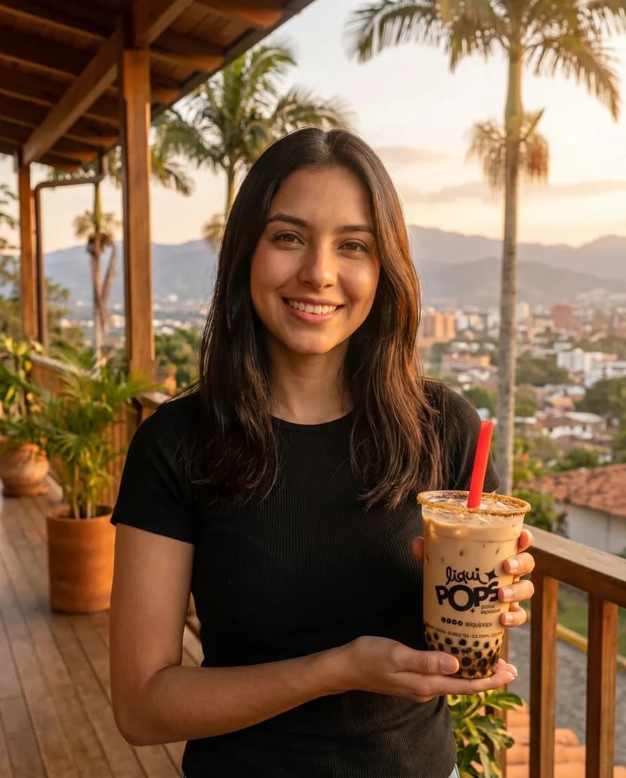 Persona disfrutando Liquipops cafe con perlas explosivas LiquiPops