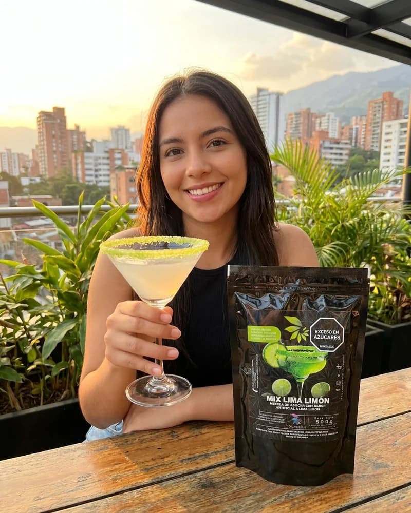 Mujer en terraza de Medellin con copa de coctel escarchada en lima limon Skarcha y perlas explosivas LiquiPops junto a la bolsa by LiquiPOPS