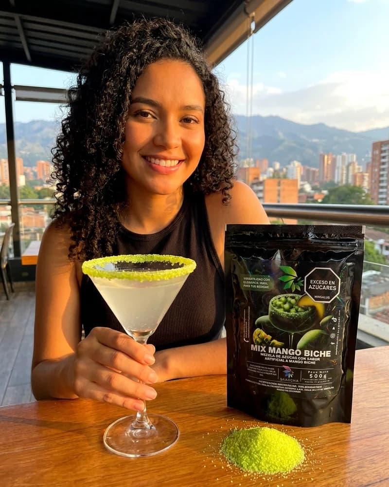 Mujer en terraza de Medellin con copa de coctel escarchada en mango biche Skarcha y perlas explosivas LiquiPops junto a la bolsa verde by LiquiPOPS