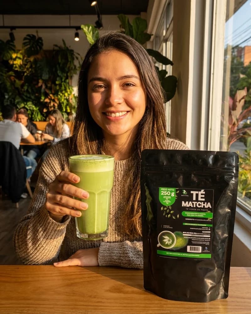 Mujer disfrutando una bebida verde de te matcha en polvo con perlas explosivas LiquiPops en una cafeteria