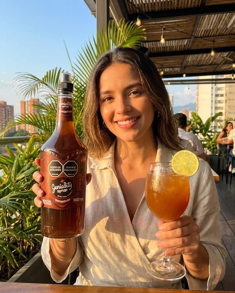 Mujer disfrutando una bebida de tamarindo con limon, sirope Geniality y perlas explosivas LiquiPops en una terraza