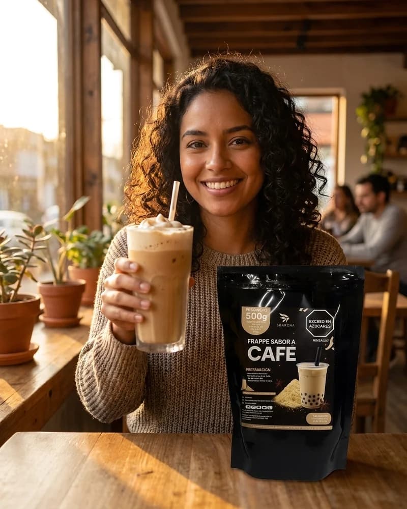 Mujer disfrutando un frappe de cafe frio preparado con mezcla en polvo Skarcha y perlas explosivas LiquiPops en una cafeteria