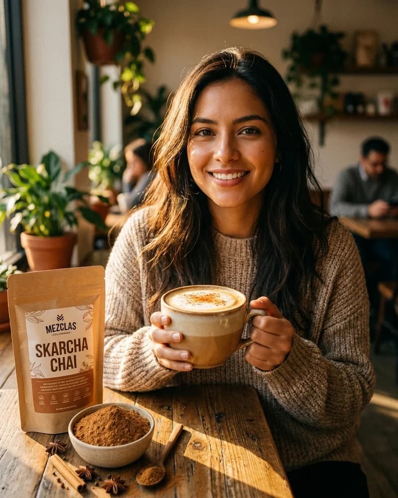 Mujer disfrutando un latte chai espumoso preparado con mezcla en polvo Skarcha y perlas explosivas LiquiPops en una cafeteria