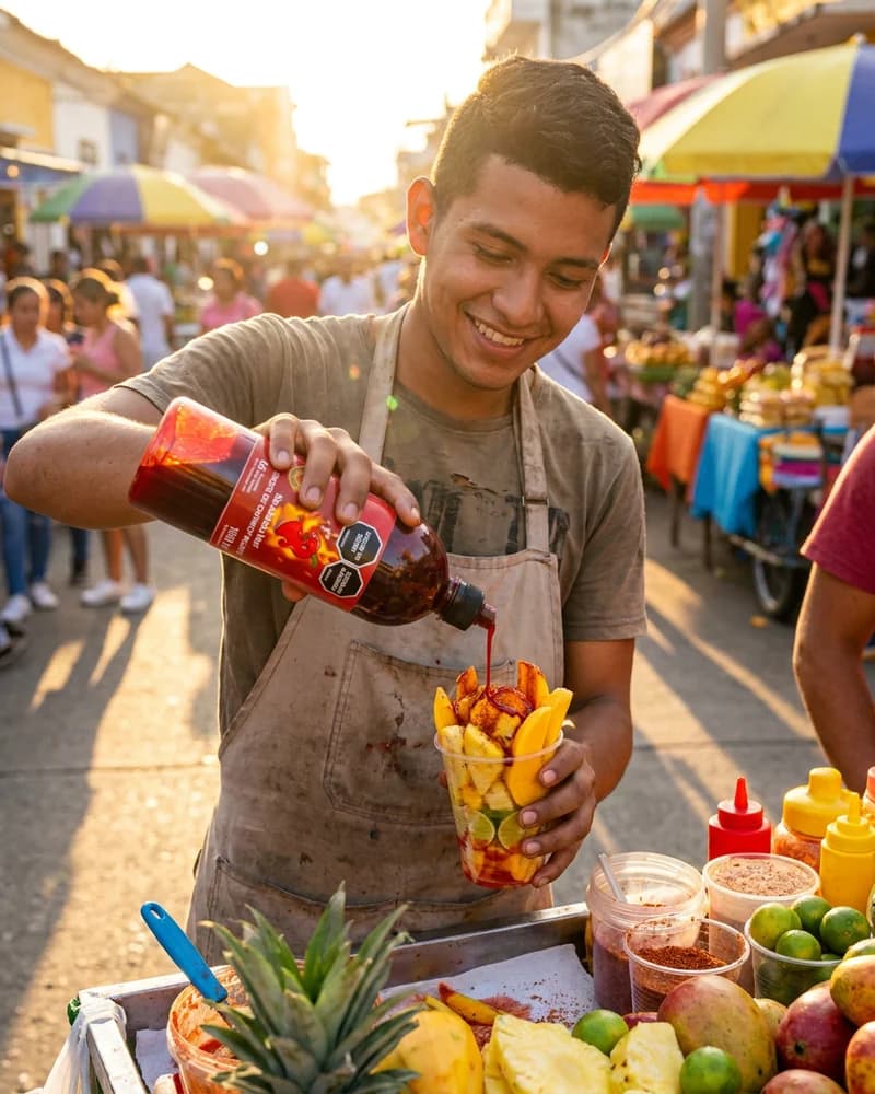 Vendedor de frutas en plaza de mercado sirviendo chamoy liquido Skarchamoy sobre vaso de frutas con perlas explosivas LiquiPops by LiquiPOPS