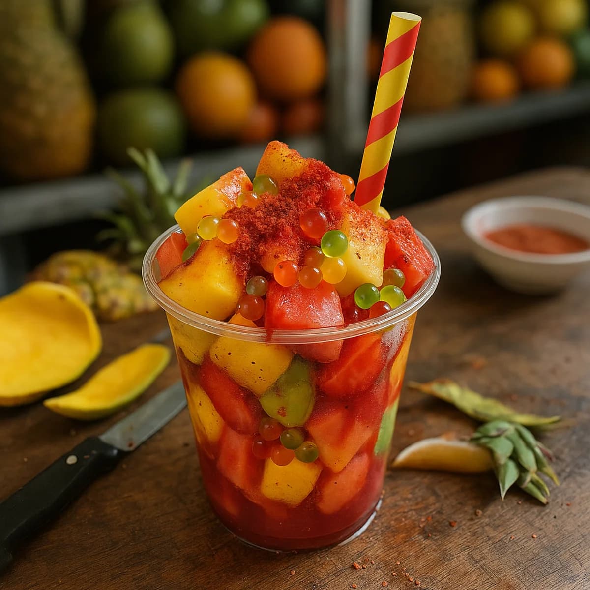 Vaso de frutas picadas con chamoy, chile en polvo y perlas explosivas LiquiPops — snack mexicano de mango y sandia