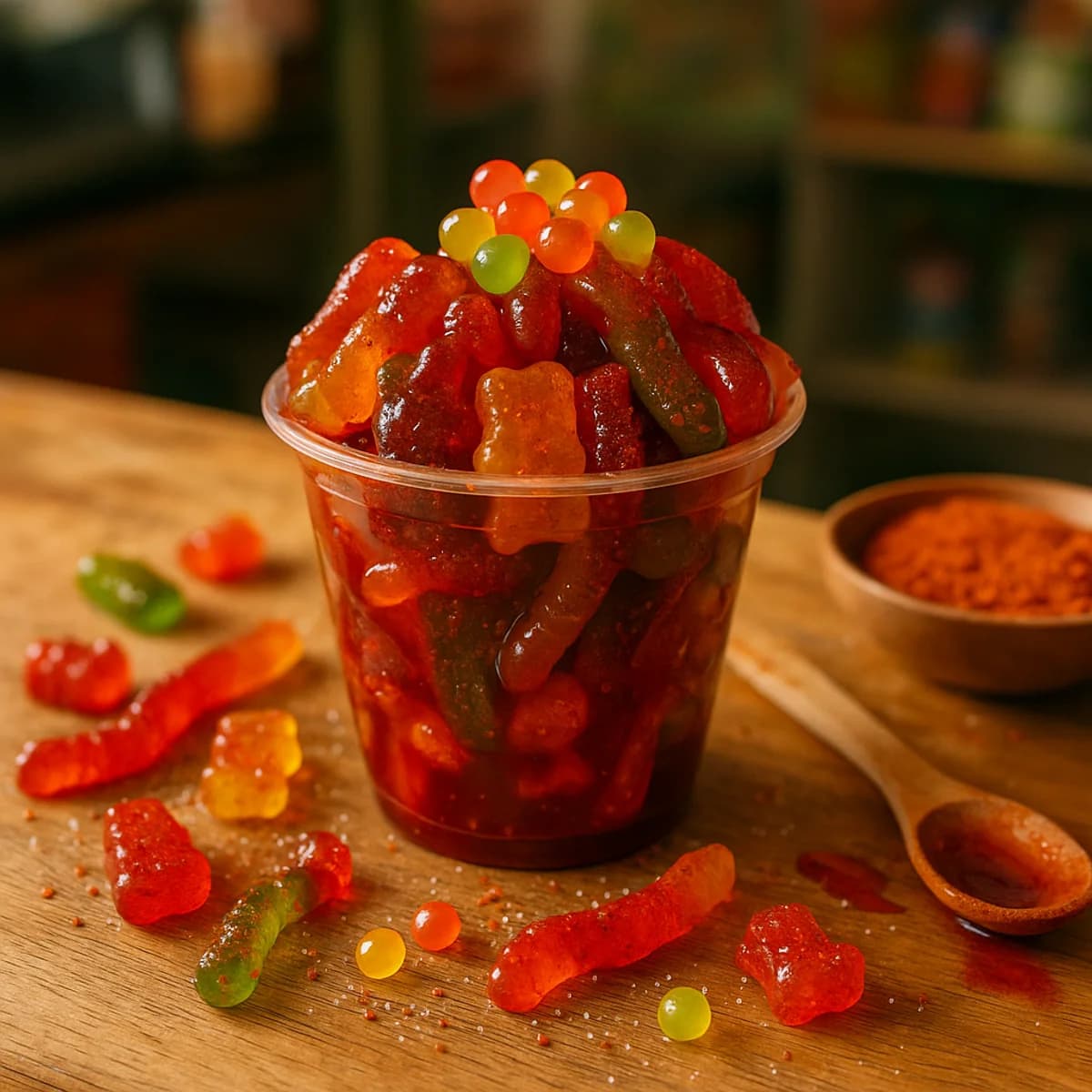Gomitas enchiladas con chamoy, chile y perlas explosivas LiquiPops en vaso — dulce mexicano picante