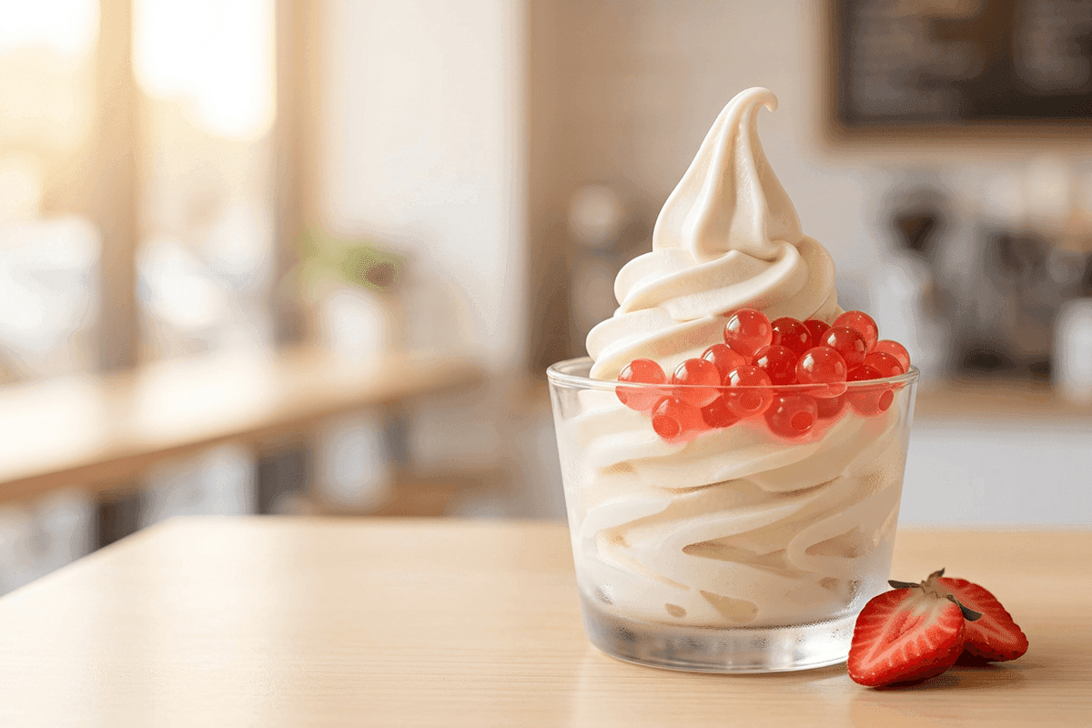 Helado de yogurt cremoso servido en vaso con topping de perlas explosivas de fresa