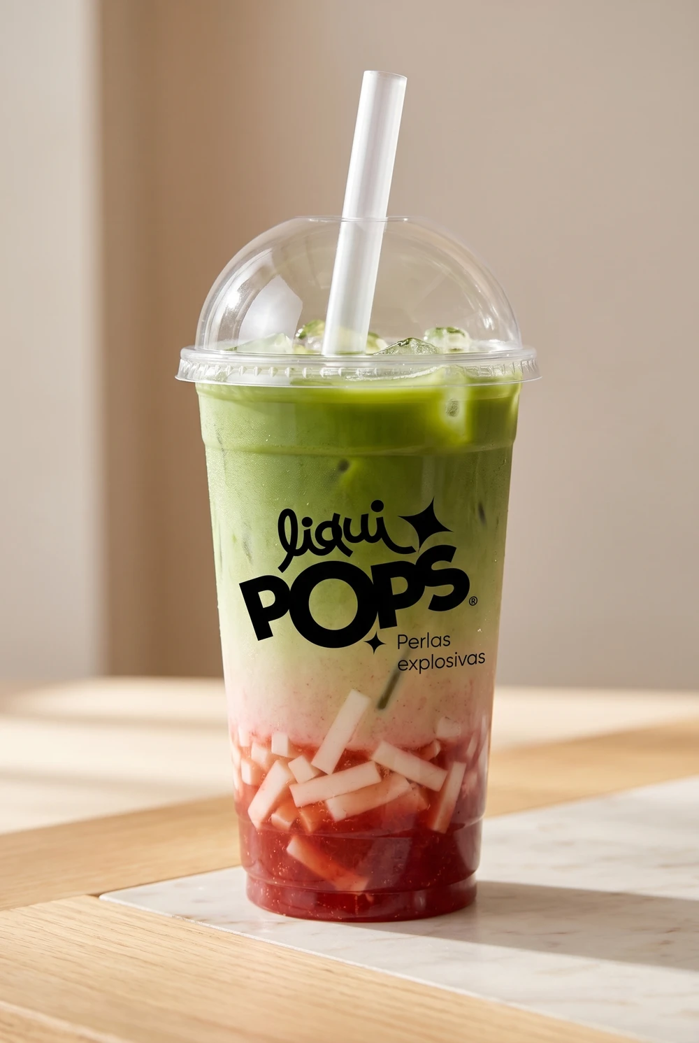 Bubble tea de matcha con fresa y jellys Yexis LiquiPops — vaso degradado verde y rojo para llevar