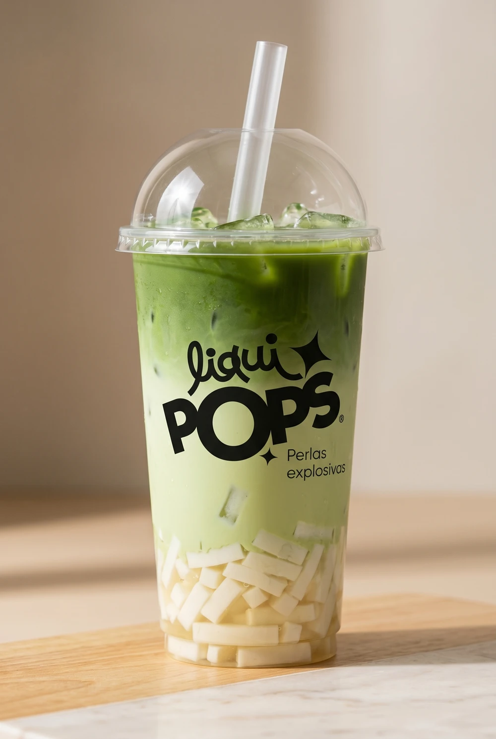 Bubble tea de matcha latte con jellys Yexis LiquiPops — vaso verde para llevar con tapa domo