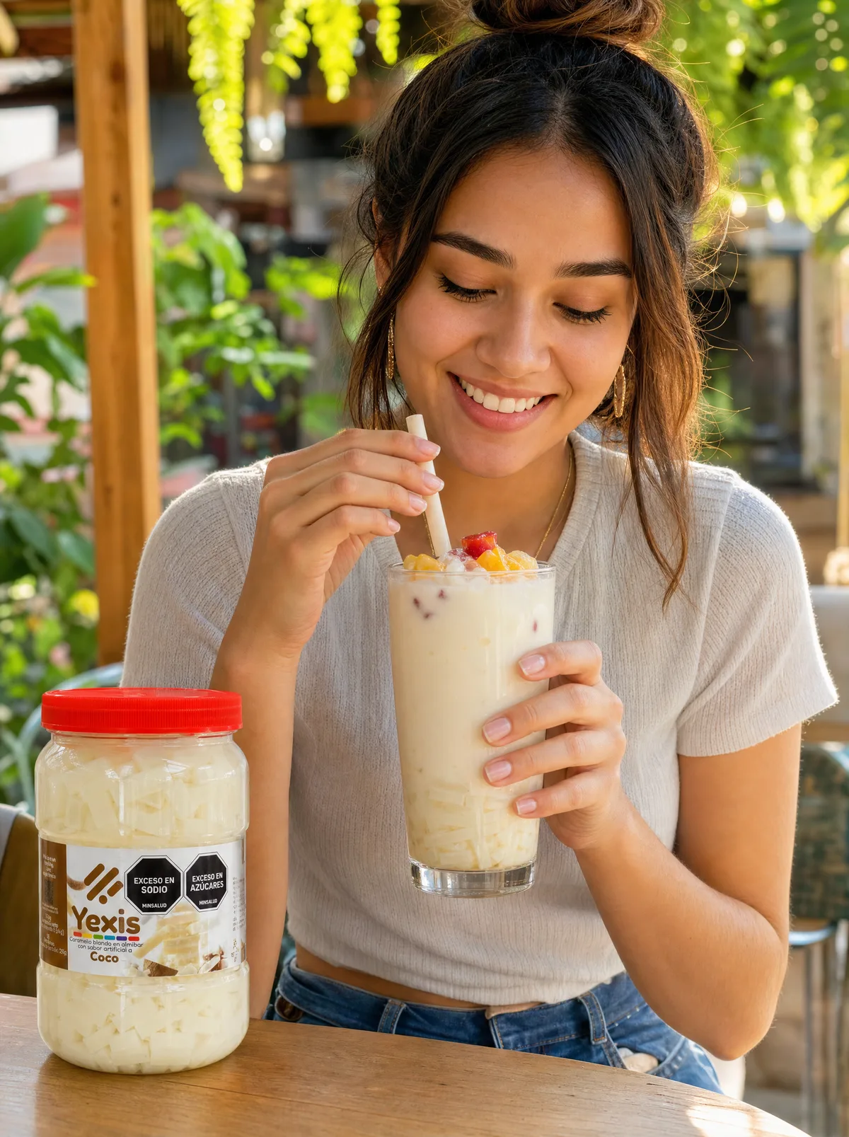 Chica disfrutando un batido cremoso de coco con jellys Yexis y perlas explosivas LiquiPops — mesa de cafetería con luz natural
