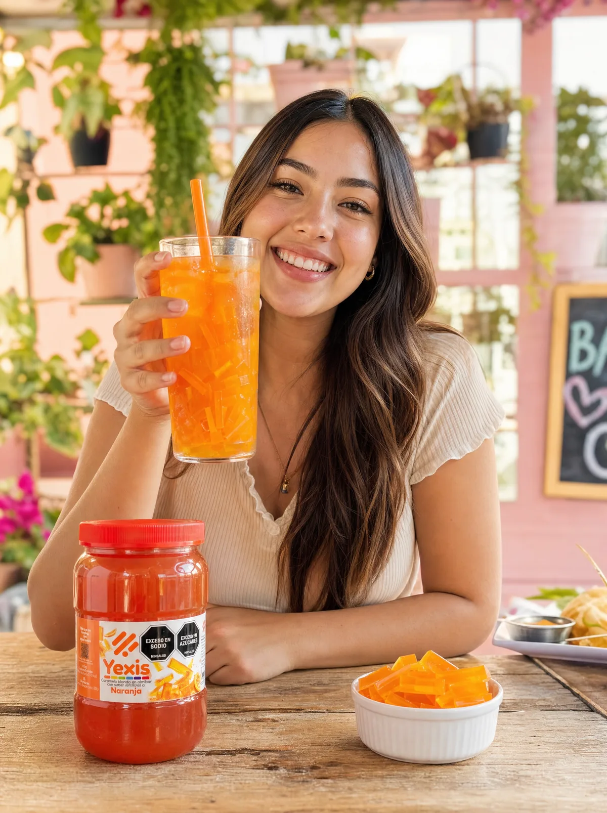 Mujer sonriendo con una bebida de naranja con jellys Yexis sabor naranja en un jardín, junto al tarro y un bowl de cubos