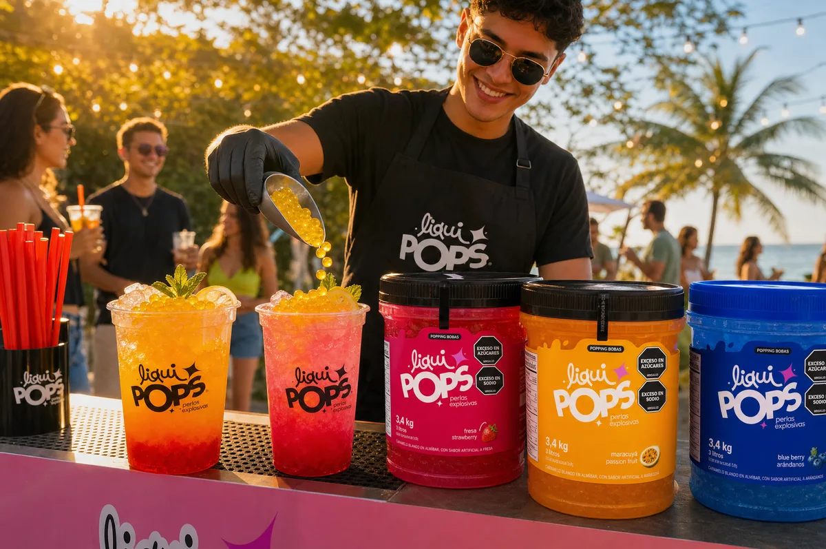 Bebidas frutales con perlas explosivas LiquiPops — chico sirviendo perlas amarillas en barra de playa con tarros de fresa, maracuyá y blueberry