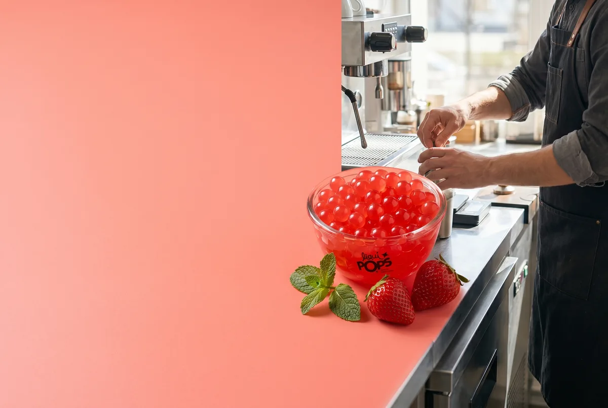 Bowl de perlas explosivas LiquiPops sabor fresa en barra de cafetería con barista al fondo — fresas y menta frescas, contexto profesional